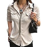 OYOANGLE Women's Long Sleeve Button Down Blouse Pocket Front Y2K Collared Shirt Tops