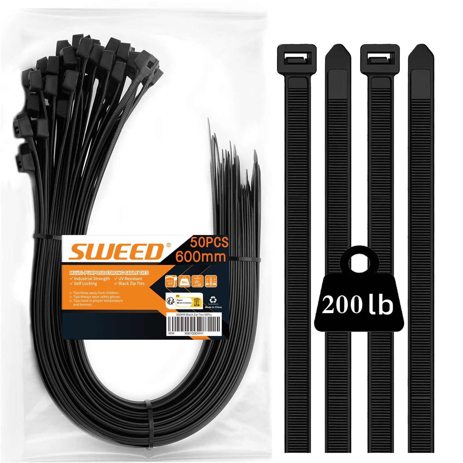 SWEED Heavy Duty Long Black Cable Ties,UV Resistant with 600mm Zip Ties，90kg (200lbs) Tensile Strength,Industrial Grade Black Zip Ties for Domestic,Garage,Garden Use - 50 Pack