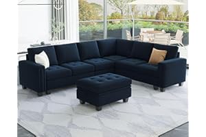 Belffin Velvet L Shaped Sofa Couch with Reversible Chaise Convertible Modular Sectional Sofa Set with Storage Ottoman Corner Sofa Set for Living Room Blue