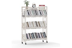 foriy Book Carts 4 Tier 46.5x35.5x10 in Rolling Book Cart Large Capacity Bookshelf Storage Rack Mobile Book Storage with Wheels Cart for Home Office Living Room Classroom (White)