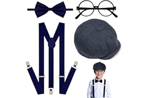 GZJINYUAN 4Pcs Kids Boys Suspenders Bowtie Sets with Black Glasses Newsboy Cap for Boy Girl Wedding 1920s Costume Accessories