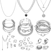 IFKM 36 PCS Silver Plated Jewelry Set with 3 PCS Necklace, 12 PCS Bracelet, 7 PCS Ear Cuffs Earring, 14 Pcs Knuckle Rings for Women Valentine Anniversary Birthday Friendship Gift