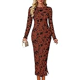 MITILLY Women Floral Bodycon Midi Dress 2025 Fall Elegant Mesh Long Sleeve Split Wedding Guest Cocktail Formal Dresses