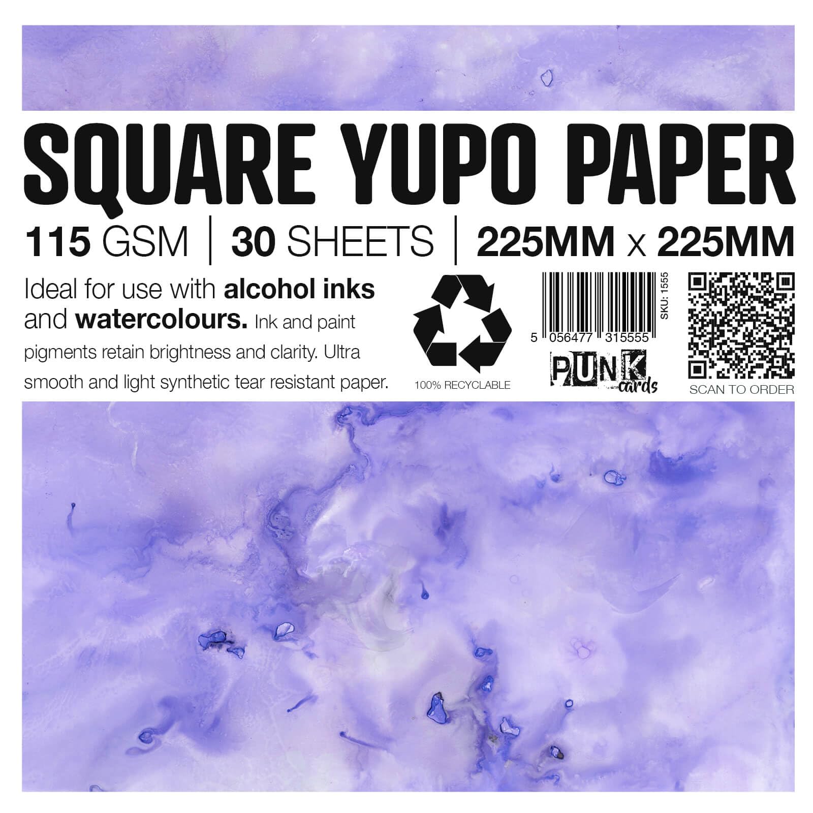 Yupo Paper, Alcohol Ink, Alcohol Ink Paper, Watercolour Paper, 30 Sheets, 115gsm - Square, 225mm x 225mm
