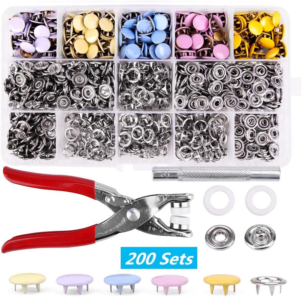200 Sets Snap Fasteners Kit Tool, Metal Snap Buttons Rings with Fastener Pliers Press Tool Kit for Clothing 5 Colors(10 mm,Solid, Multicolor)