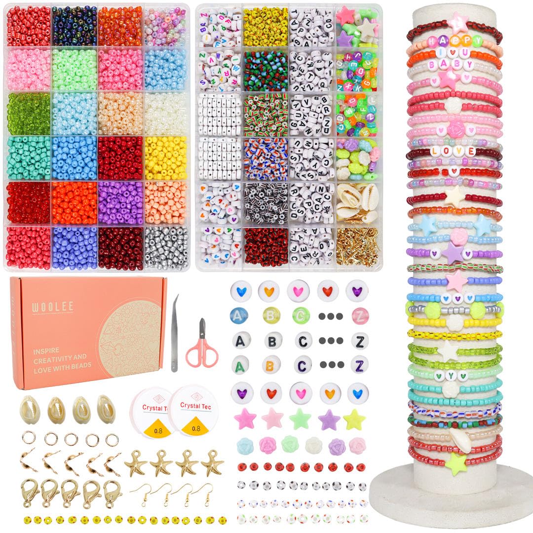WOOLEE 4MM Glass Seed Beads Bracelet Making Kit, 24 Colors Seed Beads Jewellery Making Kit, Friendship Bracelet Making Kit, DIY Craft Kit, Girl's Gift Set — image 1