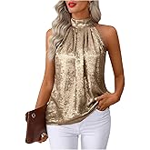 RoseSeek Women's Metallic Sleeveless Halter Tops Pleated Elegant Tank Top Casual Summer Work Shirts