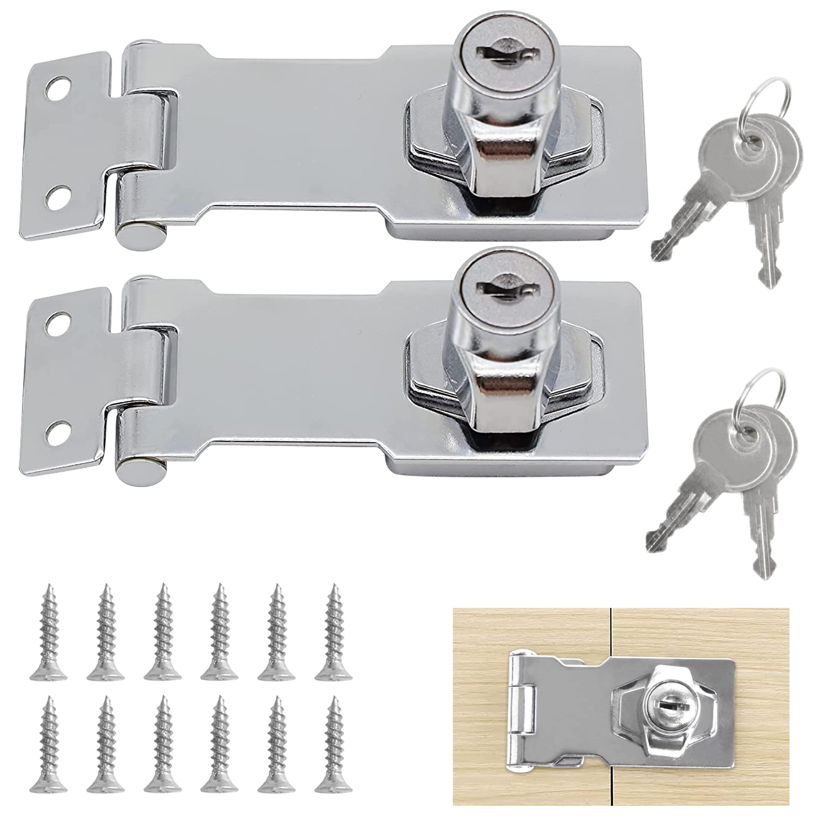 Sunallwell 2 Packs Door Lock Hasps, 2.5inch Keyed Hasp Locks and Staple with Padlock Shed Keys Safety Clasp Twist Knob Locking for Cabinets Drawer Gate, Silvery
