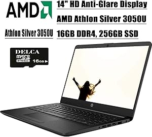 HP Laptop 14 2020 Premium Business Notebook Computer I 14" HD Anti-Glare Display I AMD Dual-Core Athlon Silver 3050U I 16GB DDR4 256GB SSD I Webcam Type-C HDMI WiFi Win 10 + Delca 16GB Micro SD Card