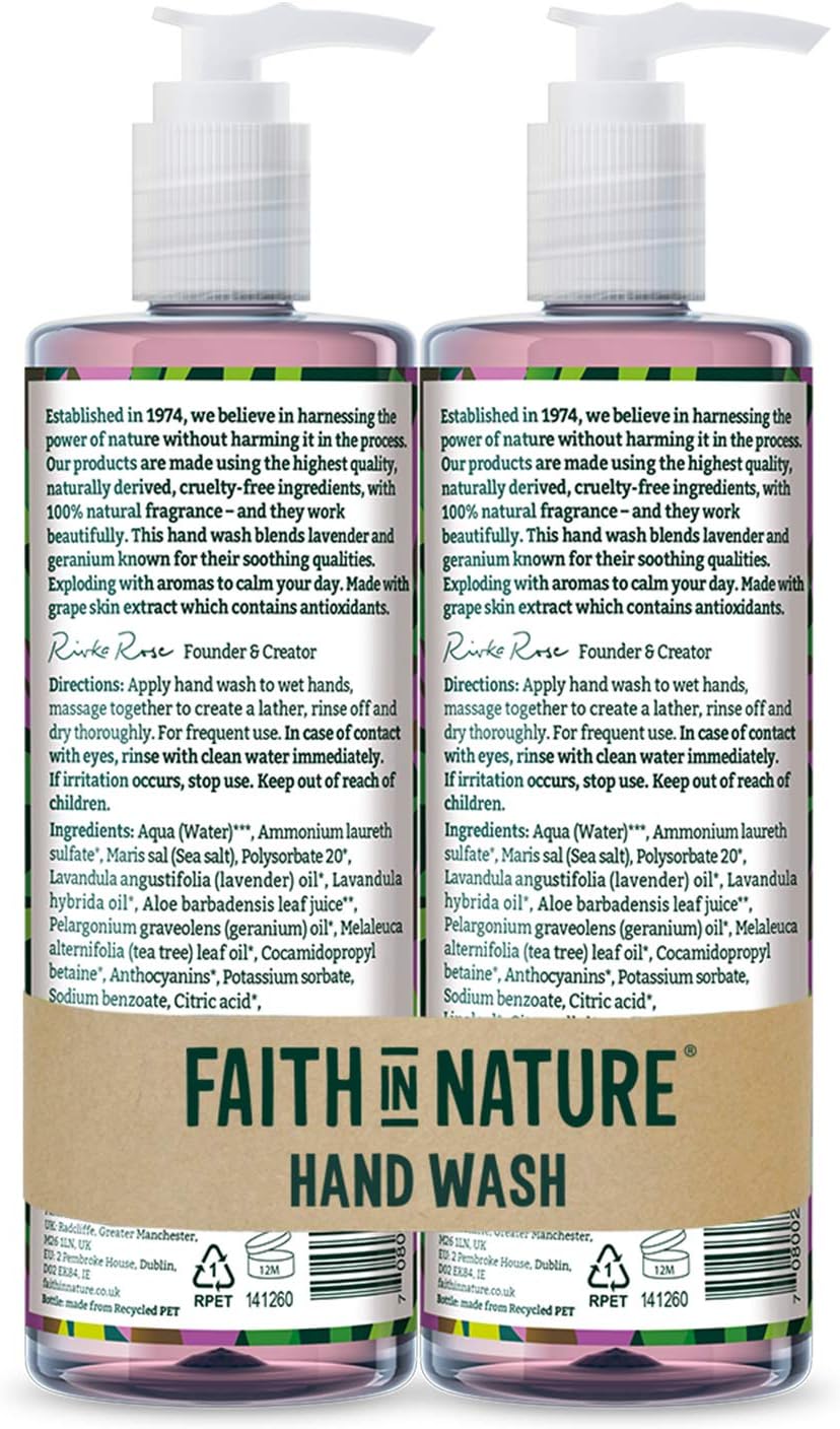 Faith In Nature Natural Lavender and Geranium Hand Wash Set, Nourishing, Vegan and Cruelty Free, No SLS or Parabens, 2 x 400 ml - Image 3