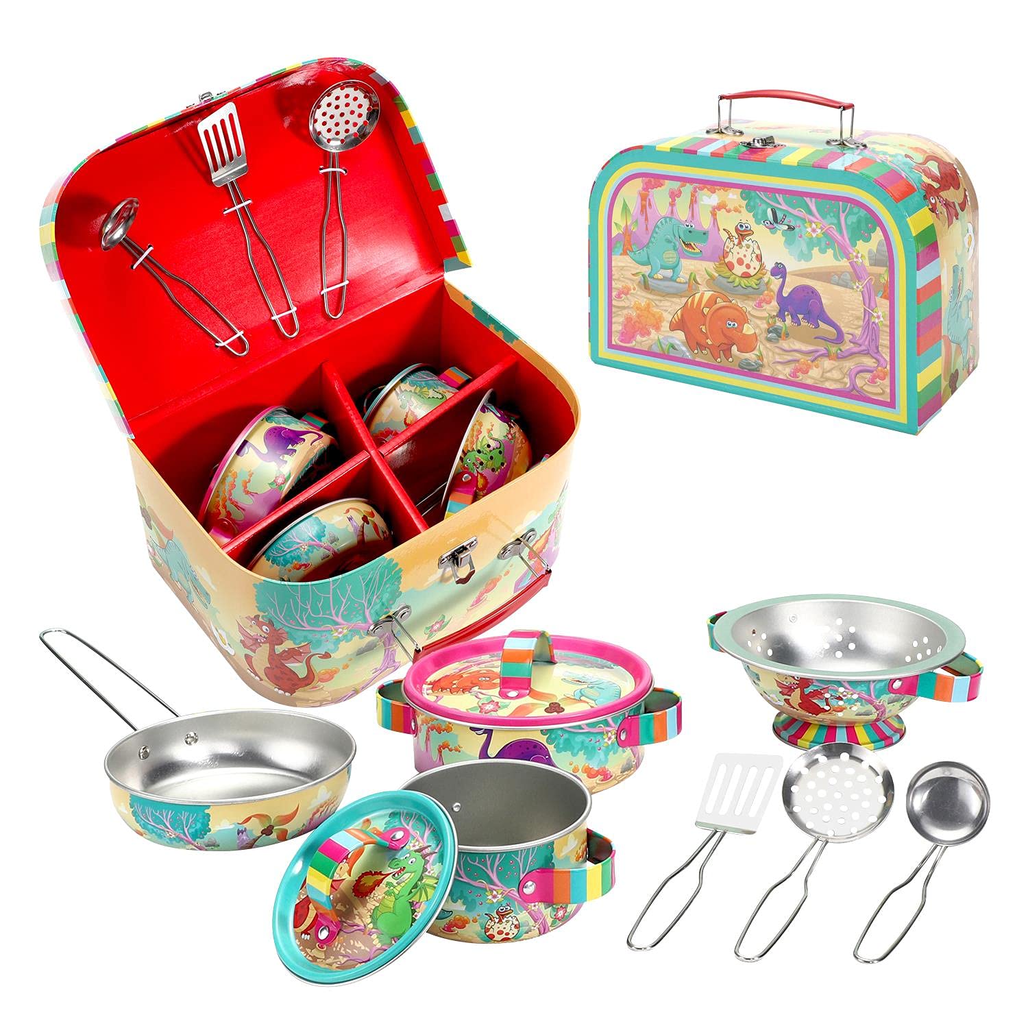 SOKA Dinosaur Metal Kids Kitchen Set with Carry Case - 10 Pcs Illustrated Colourful Design Pretend Role Play Toy Pots and Pans Set Toy Kitchen Accessories for Children Boys Girls