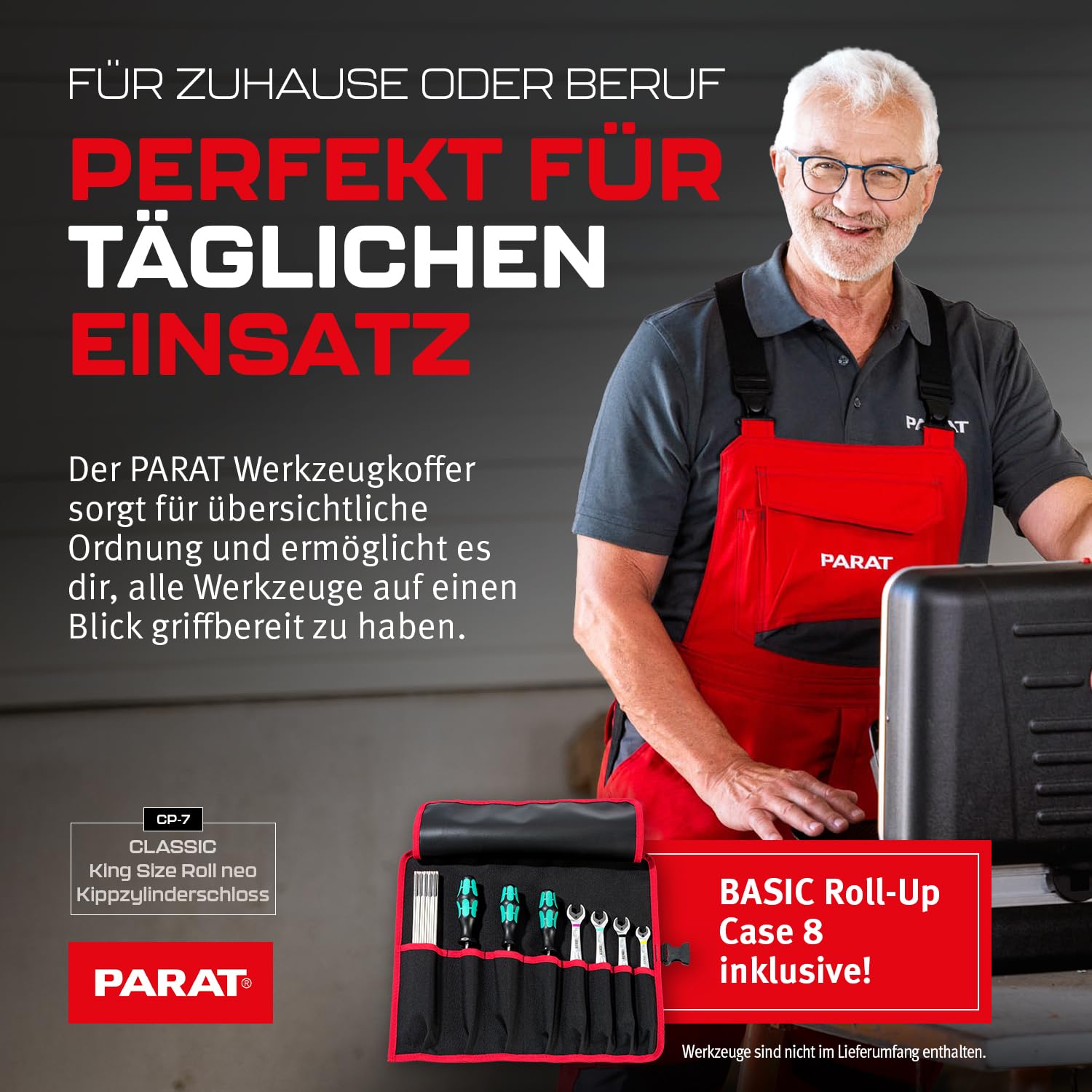 PARAT CLASSIC KingSize Roll neo CP-7 | Werkzeugkoffer leer für 60 Werkzeuge | Inkl. BASIC Roll-Up Case 8 | Rollkoffer mit CP-7 Halterungen | Bodenschale & Dokumentenfach | mit Teleskopauszug & Rollen 4
