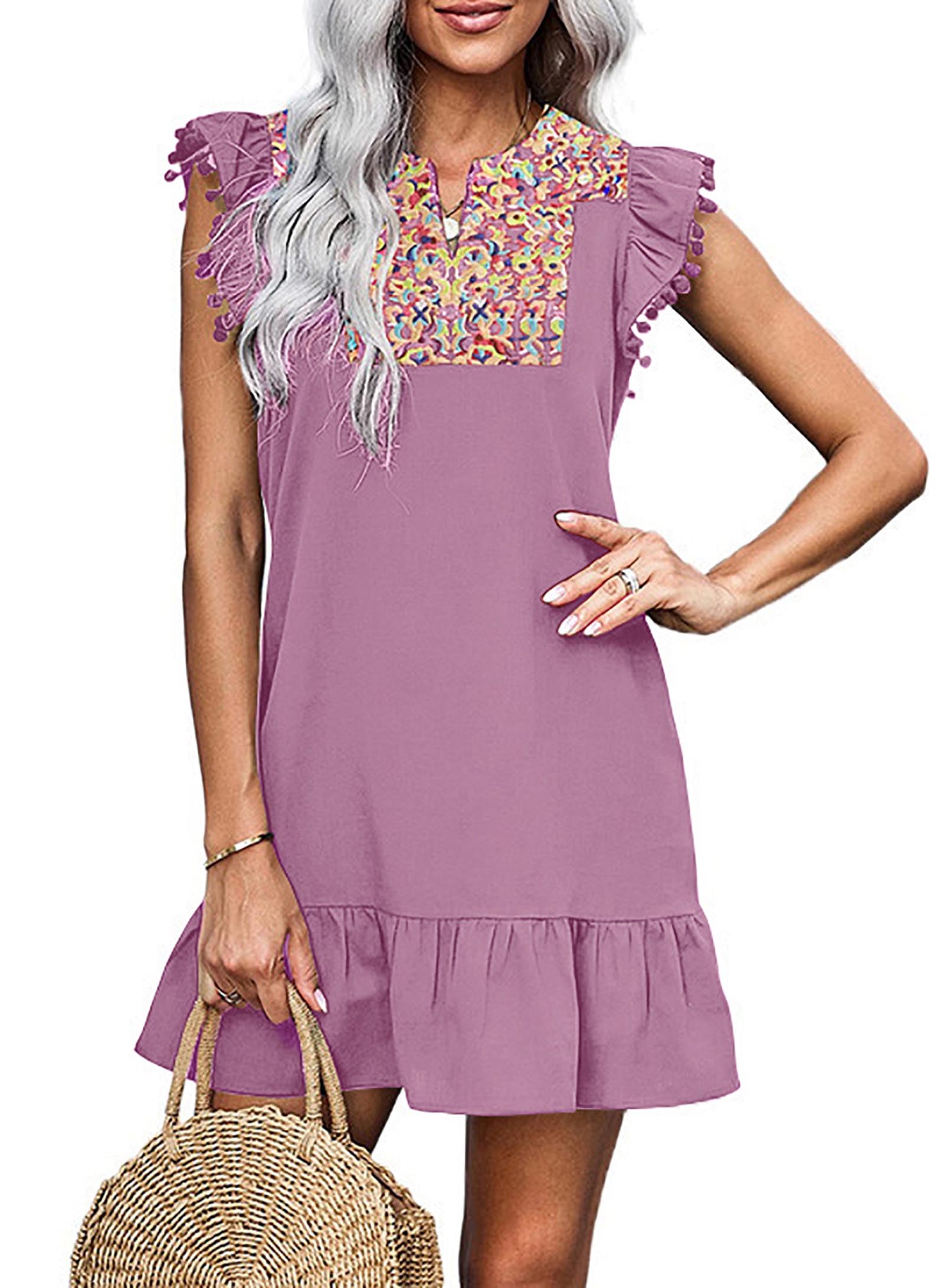 KIRUNDO Women's 2026 Summer Mini Dress Spring Casual V Neck Floral Embroidered Ruffle Sleeveless Shift Flowy Boho Dress (B-Purple, Large)