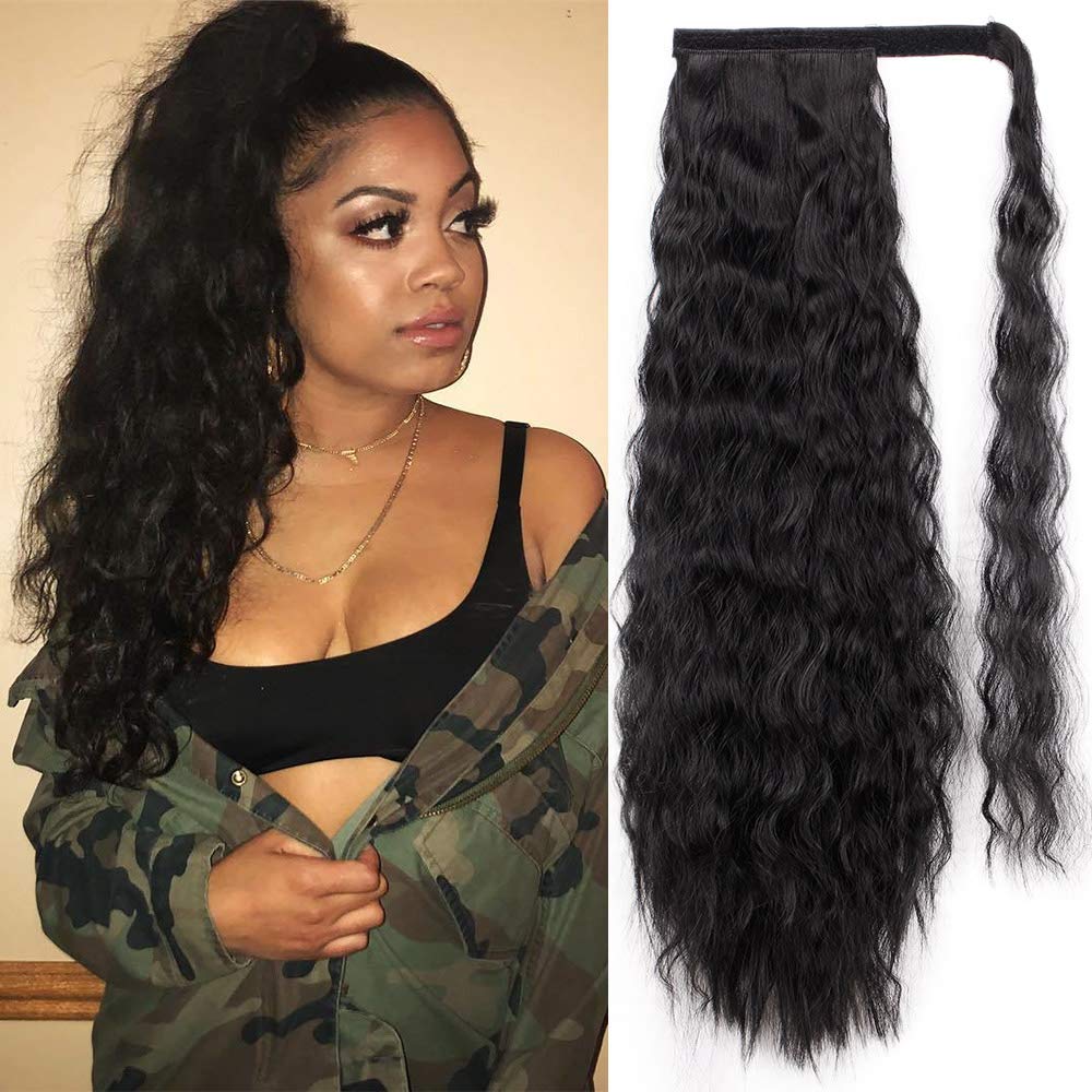 Photo 1 of Stamped Glorious Long Corn Wave Ponytail Extension Magic Paste Heat Resistant Wavy Synthetic Wrap Around Ponytail Black Hairpiece for Women (22 Inch, 22 Inch-Black)