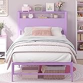 Weehom Twin Bed Frames for Kids with 2 Tiers Wood Storage Shelves Headboard, Twin Size Bed No Box Spring Needed Under Bed Storage Space Metal Platform for Girls and Adults, Purple