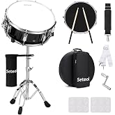 Seteol Snare Drum Set, 14" x 5.5" Marching Snare Drum with Stand &amp; Bag | Silent Mute Pad + Drums Sticks + Drumstick Holder + Drums Key + Damper Gels for Adults (Black)