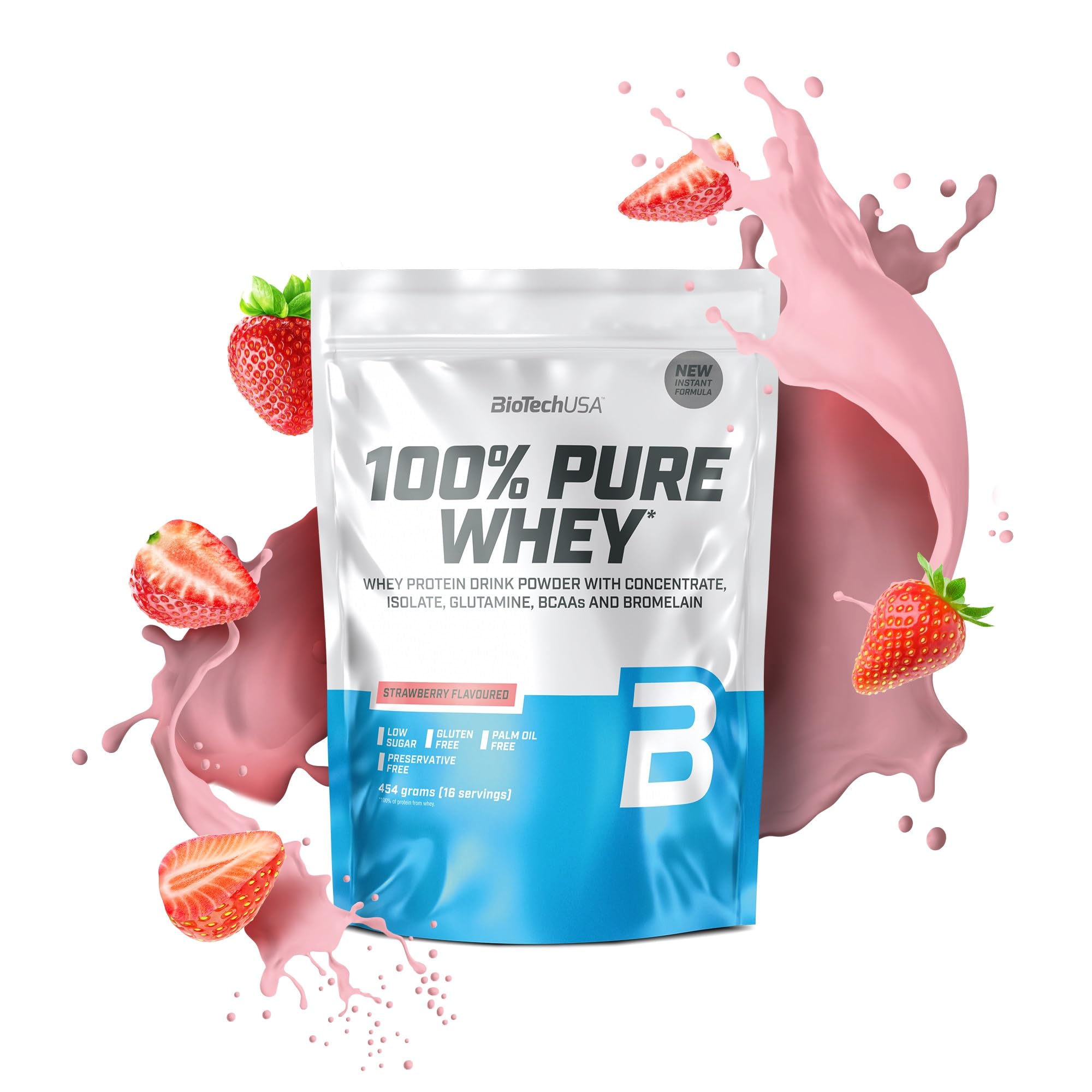 BioTechUSA 100% Pure Whey | Protein Powder with BCAA and Glutamine | Gluten-Free, Palm Oil Free | 21g Protein per Serving, 454 g, Strawberry