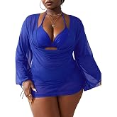 WODECASA Plus Size Swimsuits for Women,3 Piece Sets,Beach,Pool,Parties | Plus size bikini set,3 Piece Set with Cover Up,Halter,Triangle, With Drawstring,Semi Sheer,Low rise bottoms