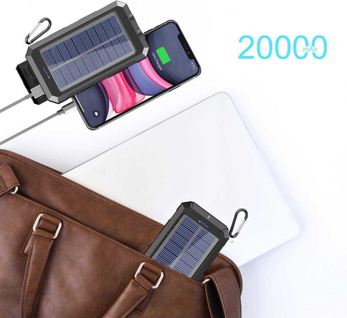 Solar Charger, 20000 mAh Portable Solar Power Bank for Cell Phone Waterproof External Backup Solar Battery Charger with Dual 2 USB Port/LED Flashlights Compatible All Smartphone, Tablet, and More