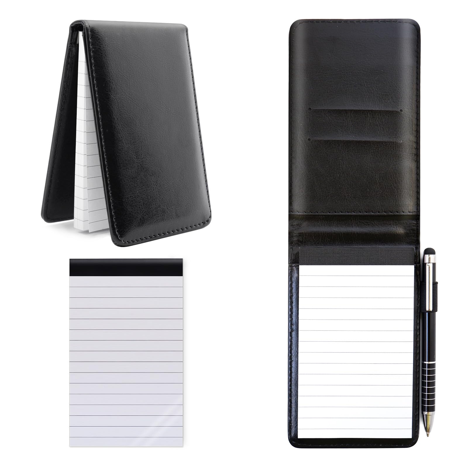 FINEASY Mini Pocket Notebook A7 Holder Set 100 Page 88G PU Leather Notebook with 50 Lined Sheets and 1Pc Metal Pen Small Notepad for School Office Business Home Note Writing (black) — image 1