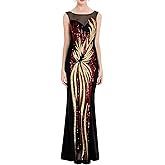 ANGEL FASHIONS Women's Sheer Gold Sequined Black Splicing Evening Dress
