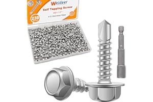 weideer 230pcs #8×1/2" Self Tapping Screws for Metal, 410 Stainless Steel Hex Washer Head Sheet Metal Screws,Quick Tapping Screw with Screwdriver Bit K-132-13-230P-W