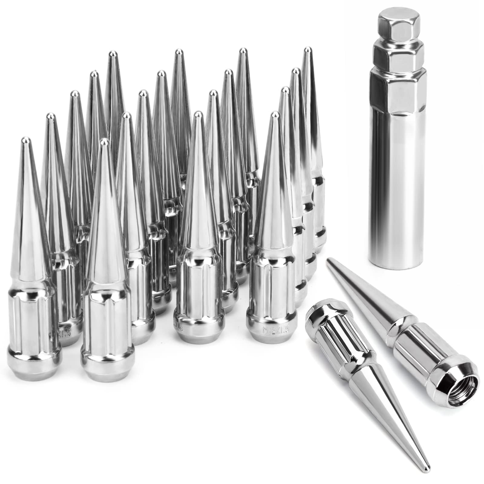 Photo 1 of ***missing parts*** DYNOFIT 12mmx1.5 Wheel Spike Lug Nuts, 20 x M12x1.5 Lug Nut, 3.35 inch Tall Closed End Nuts with 1 Socket Key Compatible with Acura Honda Chevy Hyundai Toyota Lexus Mitsubishi(Chrome)