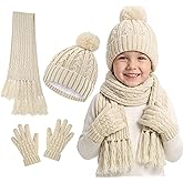 W&LESVAGO Kids Winter Hat Scarf & Gloves Set, Knitted Pom Pom Beanie, Warm 3-Piece Cold Weather Set for Boys Girls 2-14