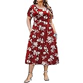 IN'VOLAND Women Plus Size Short Sleeve Dress Loose Summer Casual A-Line Flowy Midi Dresses with Pockets