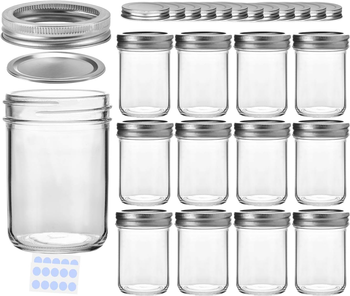 KAMOTA Mason Jars, 8 oz Glass Jars With Regular Lids and Bands, Ideal for Jam, Honey, Wedding Favors, Shower Favors, Baby Foods, DIY Magnetic Spice Jars, 12 PACK, Extra 12 Lids & 20 Whiteboard Labels