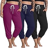 Ficerd 3 Pack Women's Plus Size Capri Sweatpants Cotton Drawstring Joggers Cropped Athletic Lounge Pants with Pockets
