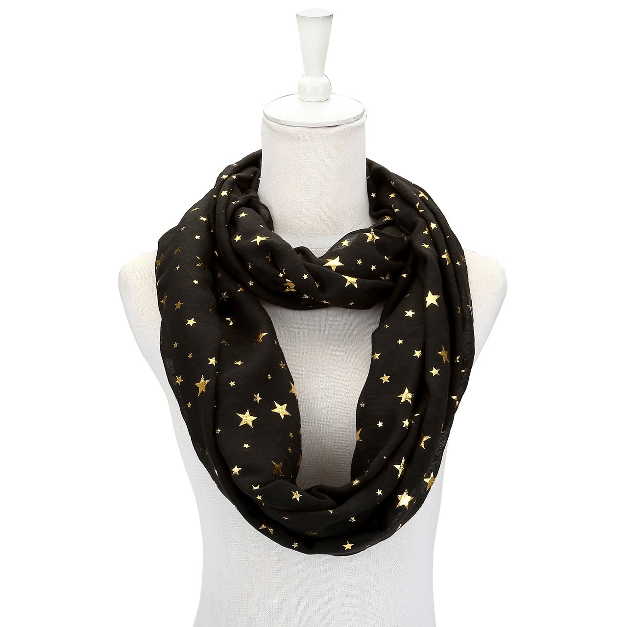 CHIC DIARY Women Ladies Star Printed Pattern Lightweight Head Pashmina Wrap Scarf … (01-Black)