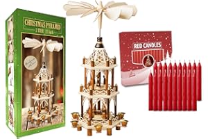 USA SUPREME German Christmas Decoration Pyramid-21 Inches-with 20pcs Red Candles Included-Wood Nativity Scene -Christmas and Tabletop Holiday Decor-3 Tiers Carousel-6 Candle Holders-German Design (Natural)