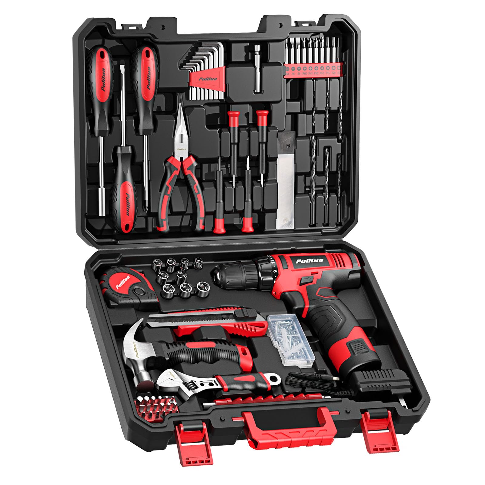 PULITUO 149-Piece Home Drill Set with 12V Red Cordless Drill, Hand Tools, Tool Box for Women, Men, DIY Enthusiasts for Home Improvement. Image