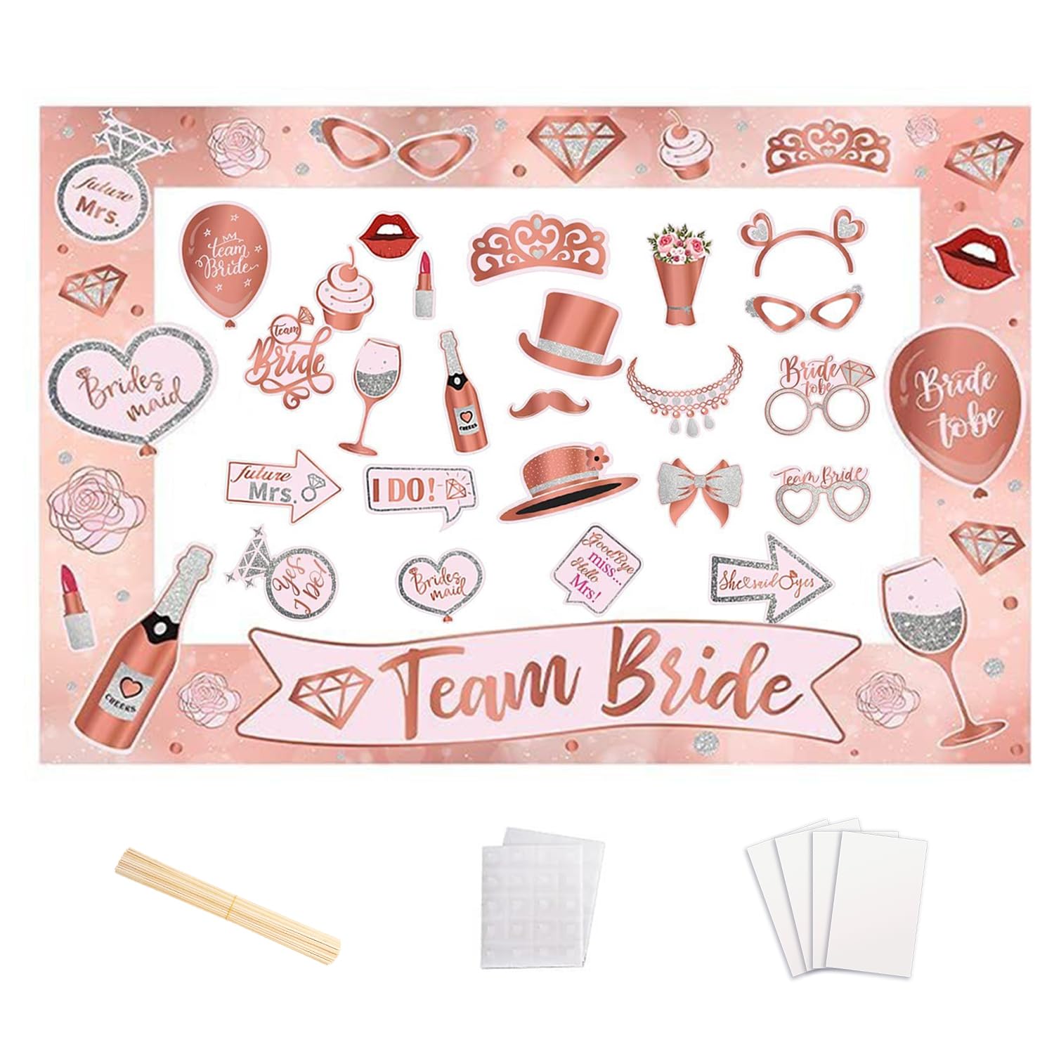 25pcs Bridal Photo Props, Bachelorette Party Decorations, Team Bride And Groom Selfie Props Paper Photo Frames For Wedding Engagement, Bridal Shower (Rose Gold)