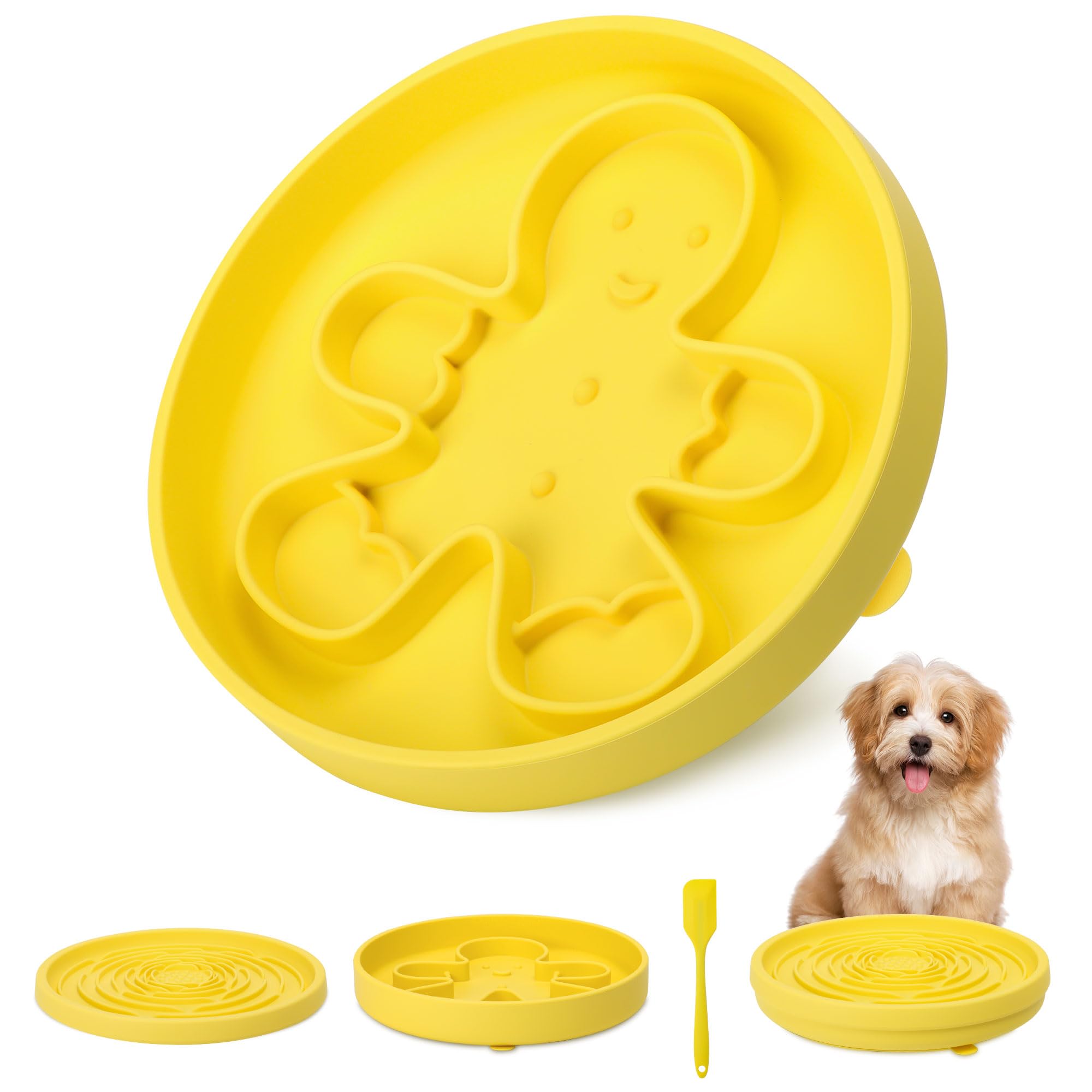 View 1 of 2 in 1 Slow Feeder Dog Bowls with Suction Cups,Silicone Lick Mat for Dogs,DIY Wet or Dry Food,Dishwasher Safe & Reduces Gulping,Interactive Pet Slow Eating,7.5"x1.5"UU Bowl,Lemon,Flower Lick Pad