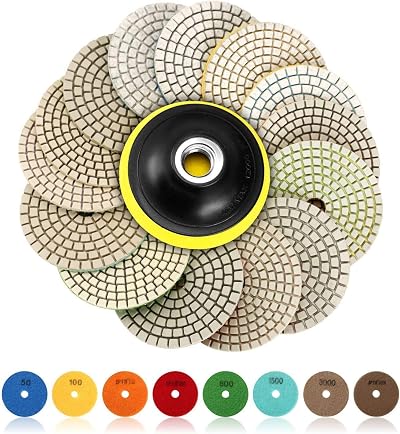 SPTA 4 Inch Diamond Wet Polishing Pads 14 Grits + Backing Pad for Granite Marble