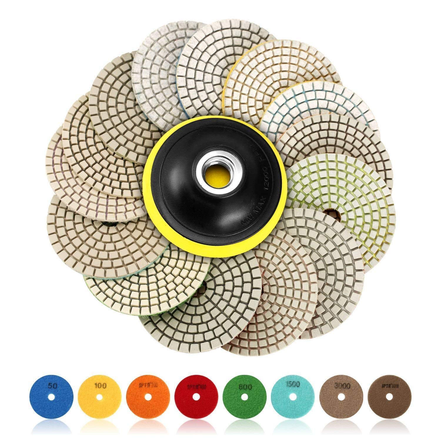 SPTA 15pcs Diamond Wet Polishing Pads polisher wheel disc, 4 inch Pads for Granite Stone Concrete Marble Floor Grinder or Polisher, 50#-6000# Hook & Loop Backing Holder Disc For Wet Polisher&Grinder