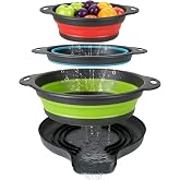 3-Pack Collapsible Colander for Kitchen with Self-Draining Base Foldable Strainers Set Round Food Drainer for Pasta Fruits and Vegetables (3QT, 4QT and 5QT)