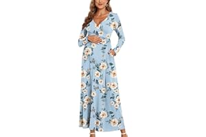 AISWI 2024 Women's Maternity Maxi Dress Long Sleeve Wrap V Neck Pregnancy Dresses with Pockets Baby Shower Photoshoot Formal