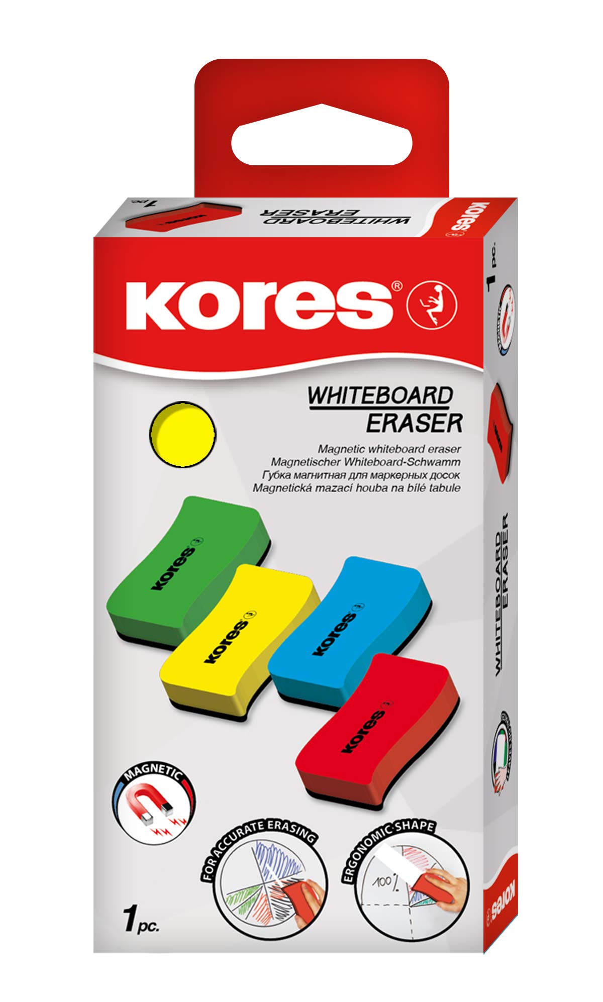 Kores - Colour Magnetic Whiteboard Eraser - Back to School Supplies, Office Stationery - Dry Wipe, Lightweight and Ergonomic Whiteboard Eraser - 110 x 55 x 20 mm - Pack of 1 in Assorted Colour
