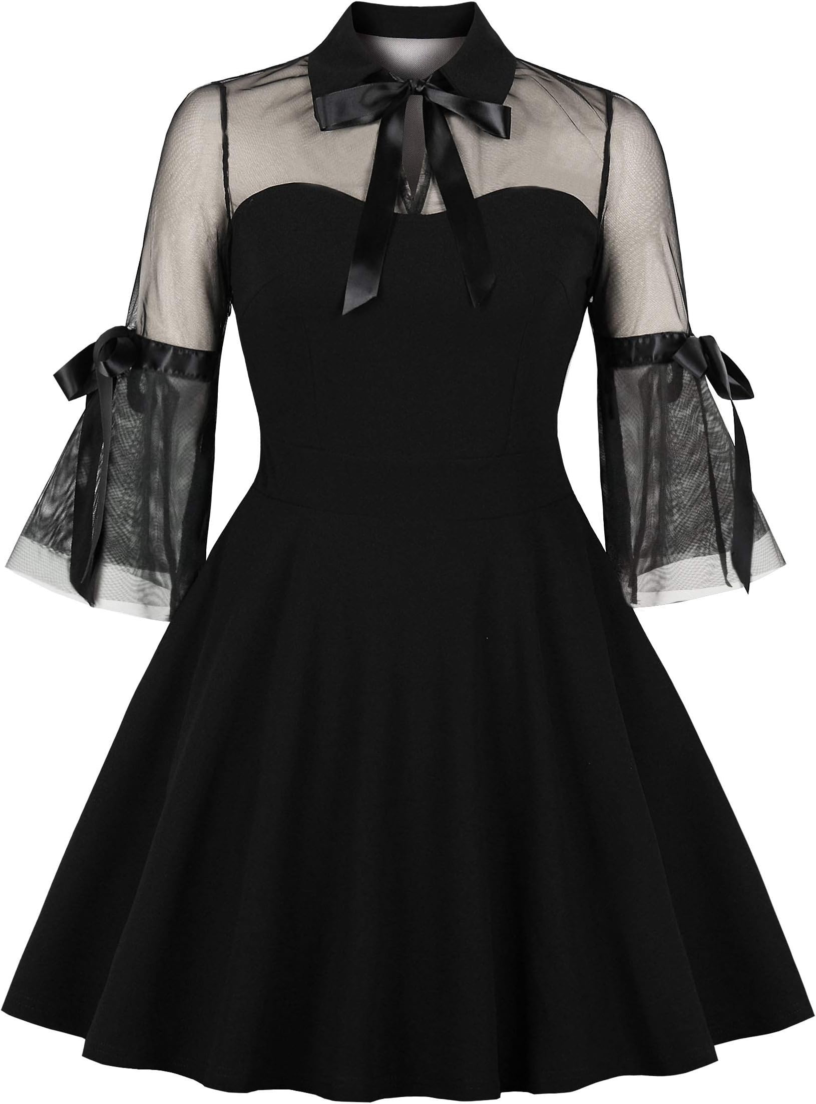 Wellwits Women's Keyhole Mesh Bell Sleeve Vintage Skater Dress