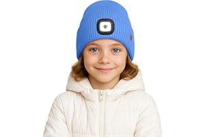 ATNKE Kids LED Lighted Lined Fleece Beanie Hat, USB Rechargeable 4 LED Run Headlamp Bright Cap Gifts for Boys and Girls