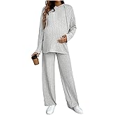 MakeMeChic Women's Maternity 2 Piece Outfits Lounge Set Ribbed Knit Long Sleeve Hoodie and Pants Pregnancy Set