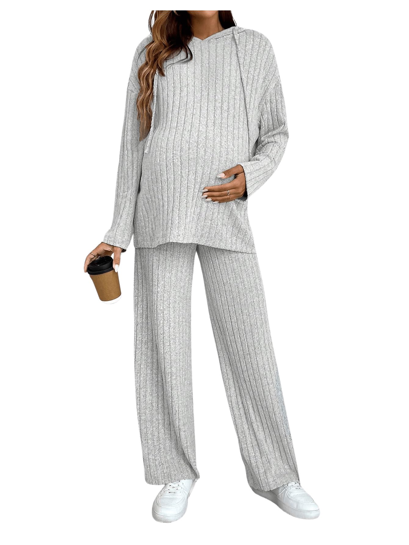 Photo 1 of MakeMeChic Women's Maternity 2 Piece Outfits Lounge Set Ribbed Knit Long Sleeve Hoodie and Pants Pregnancy Set Grey Medium
