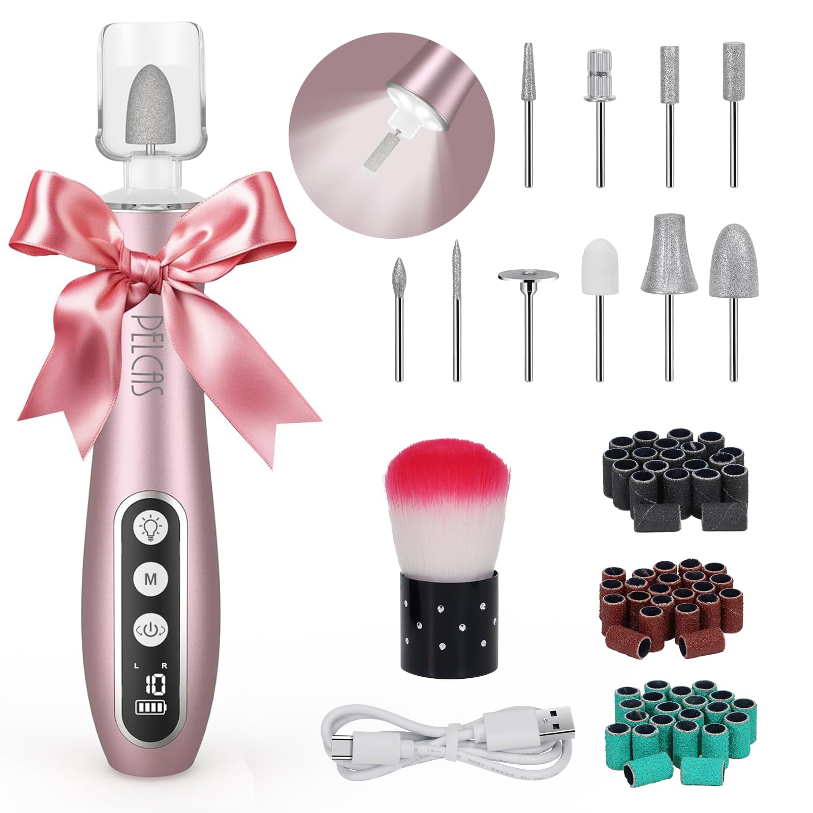 Photo 1 of PELCAS Electric Nail File, 10 Speeds Cordless Nail Drill Kit with LED Light, Professional Nail Grinder with LCD Screen Portable e File for Human, Pet, Thick Toenails, Natural & Acrylic Nails Pink