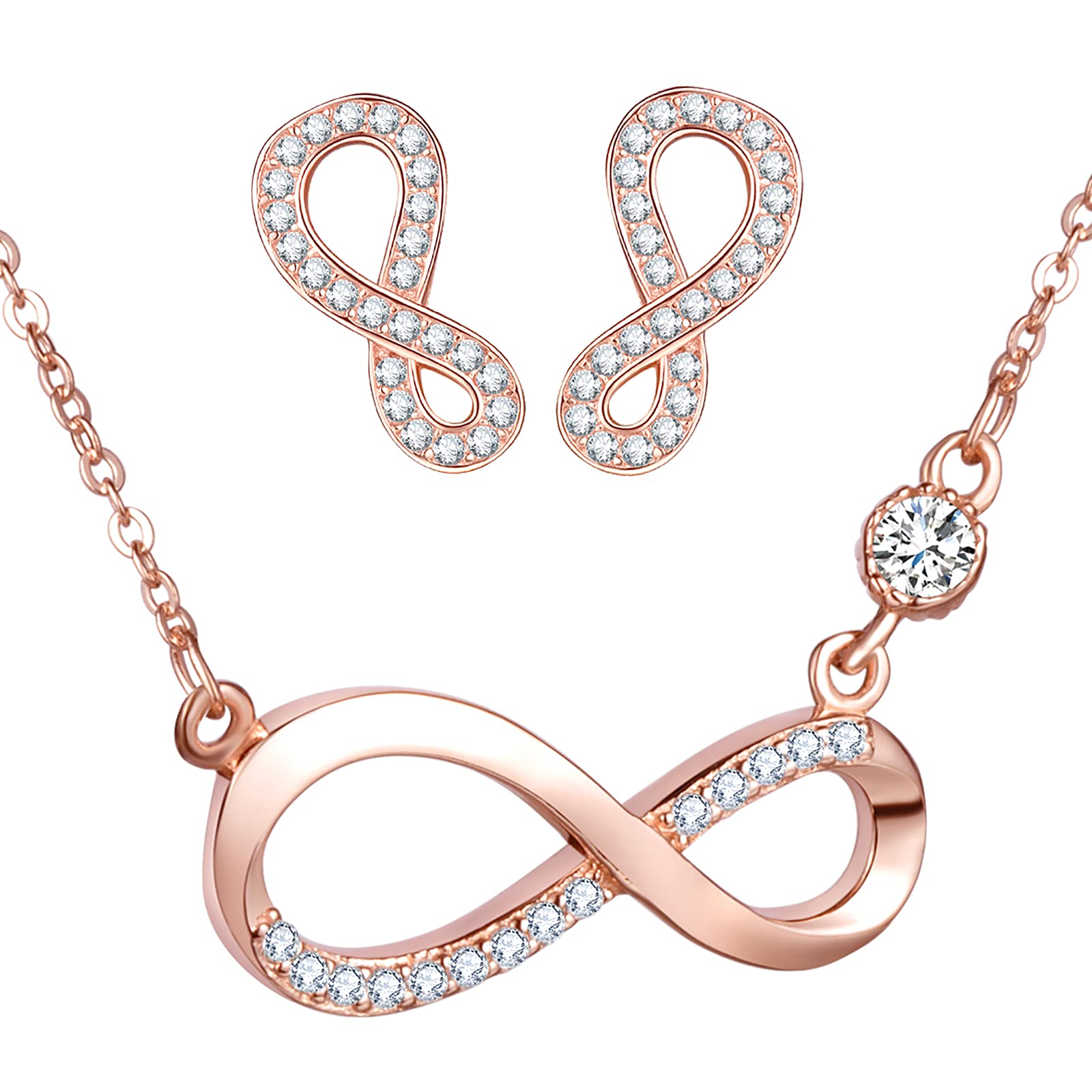 INFINIONLY Diamond Jewellery Sets, Women's girl's Necklace pendant and Earrings Studs, 925 sterling silver necklace earrings, Elegant infinity symbol pendant earrings, Inlaid zircon, rose gold