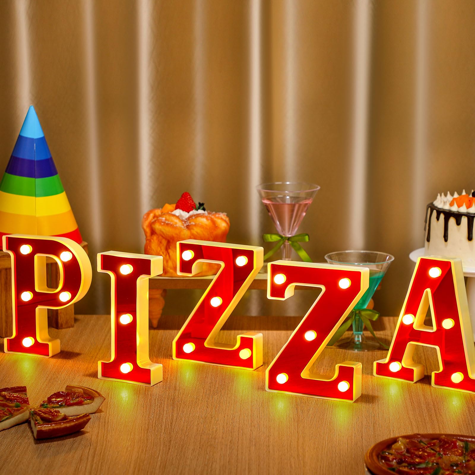 Photo 1 of Aurelema Light up Letters Sign Party Decorations Battery Powered Marquee Lighted Sign LED Alphabet Letter Lights for Night Party Tabletop Decor Supplies(Pizza)
