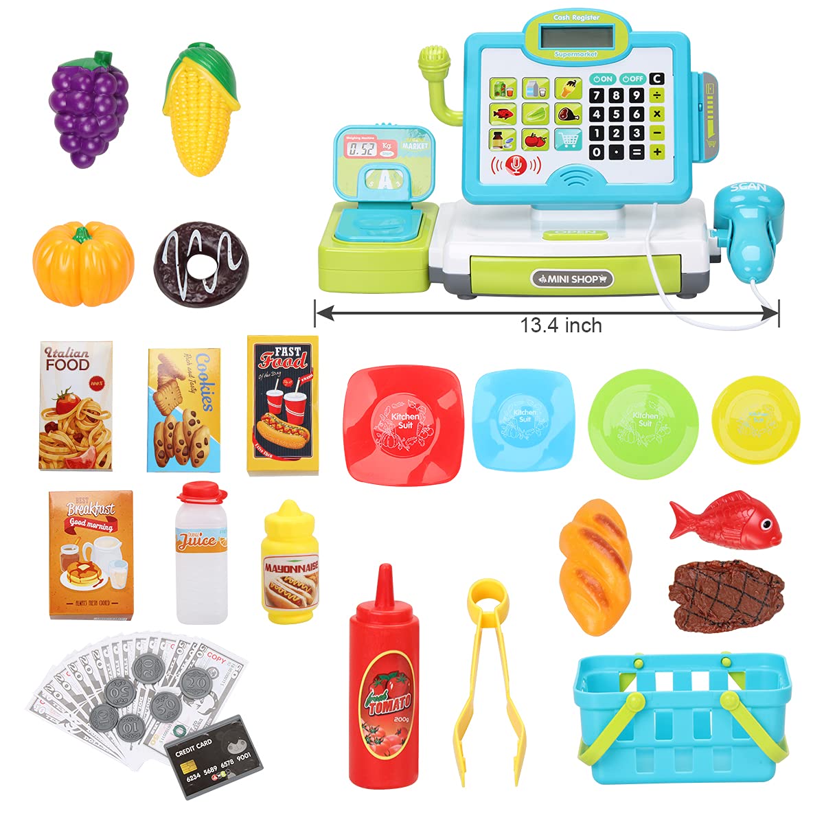 FS Pretend Play Cash Register Toys with Scanner, Calculator, Large Drawer, Microphone, Play Food, Supermarket Cashier Register Toy, Pre-School Gift for Kids, Toddlers, Boys & Girls, Ages 3 4 5 6 7 8