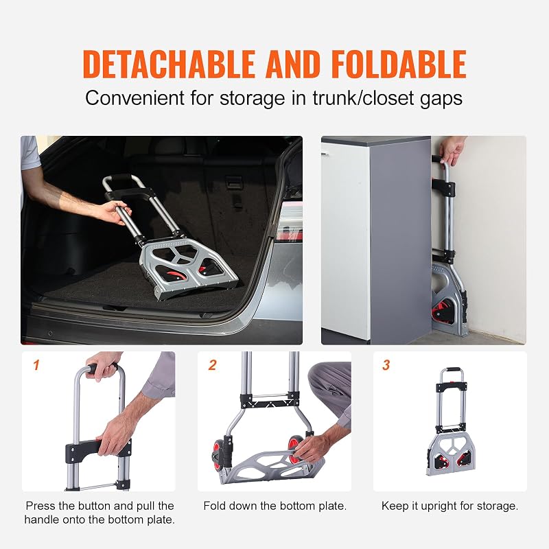 Diable pliable, 79,8 kg de charge, chariot portable en aluminium, diable convertible et chariot avec poignée télescopique et roues en caoutchouc, ultra léger et très résistant